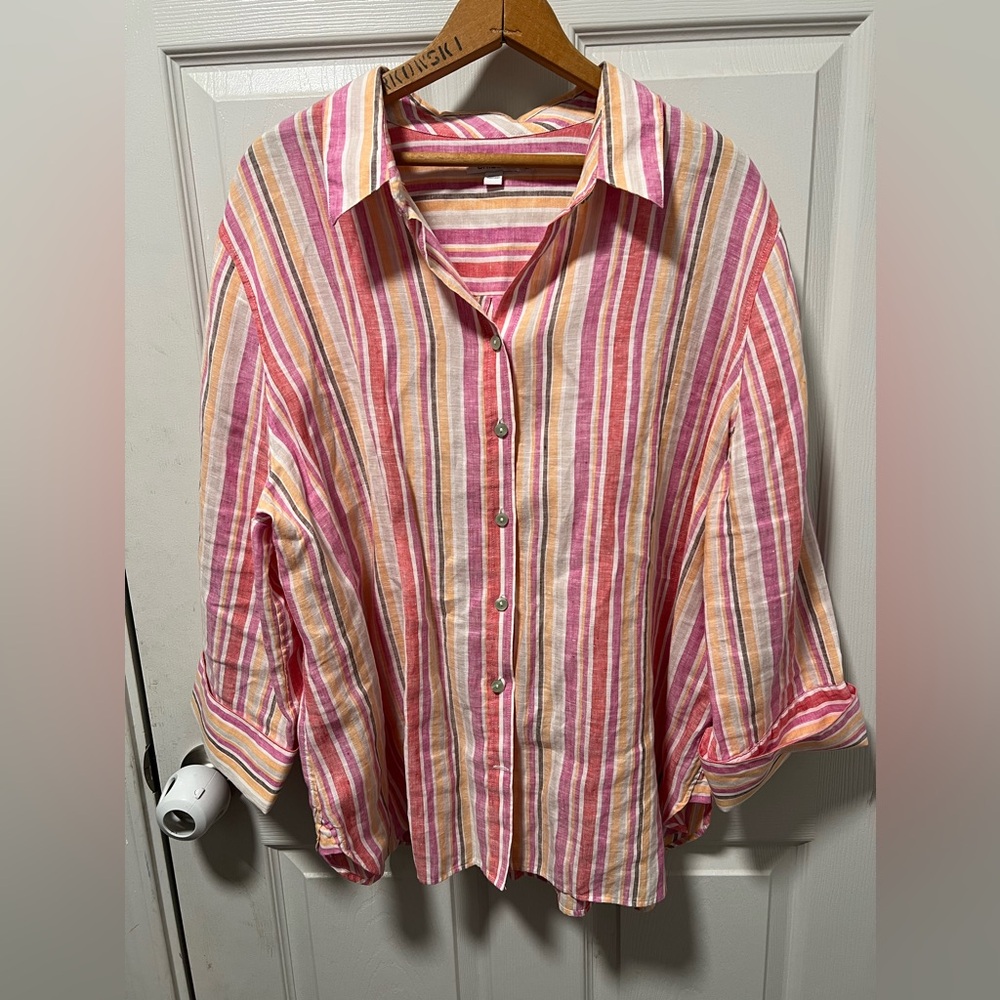 Chico's 100% Linen Shirt Womens Size 4 US 20 3/4 Sleeve Abalogne Shell Buttons